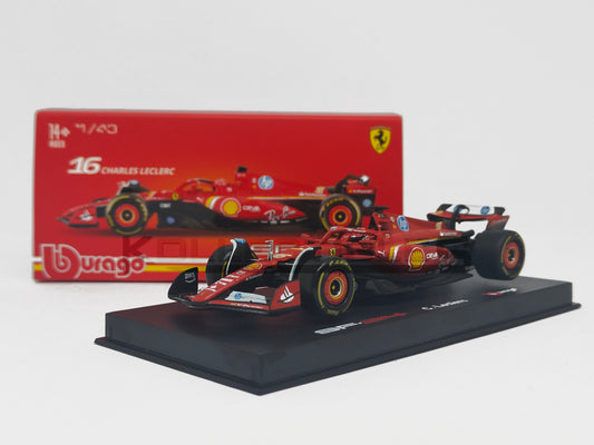 perspective view with box Ferrari SF-24 Formula 1 Charles Leclerc 2024 1:43 scale model car with Acrylic case by Bburago