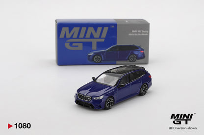 Box of BMW M5 Touring Marina Bay Blue Metallic 1:64 scale model car - Mini GT