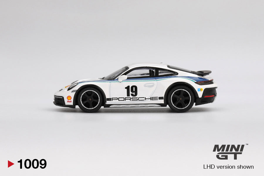 Side view of Porsche 911 Dakar Rally 1974 1:64 scale model car - Mini GT
