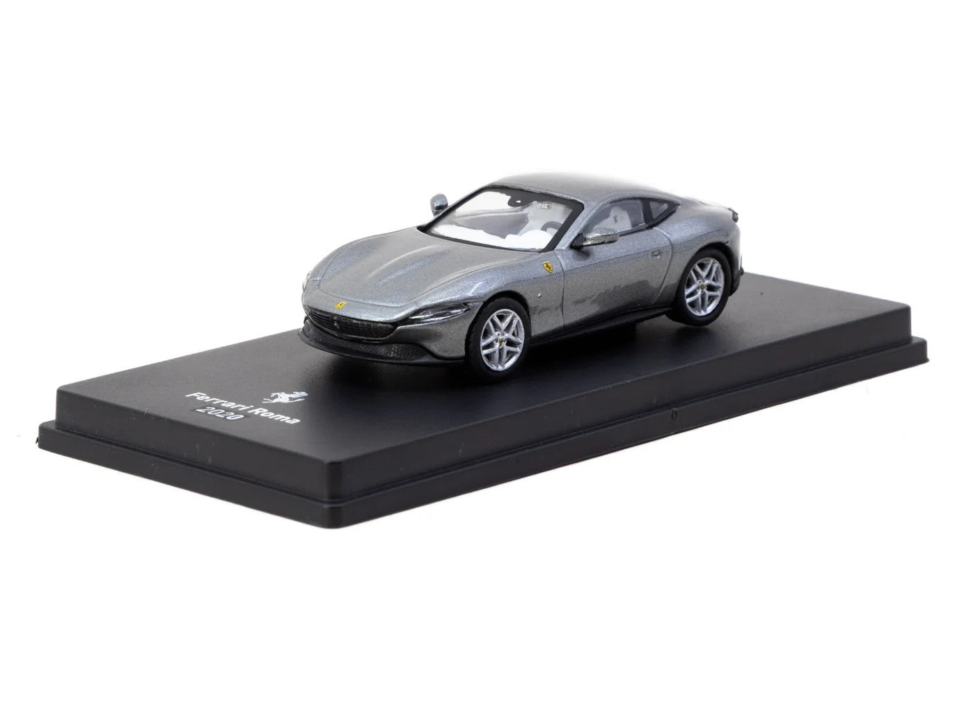 Front three-quarter view of Ferrari Roma 2020 metallic grey 1:64 diecast model car by Centauria x IXO Collections on its display base (IXC.FSD.FE.008-E)