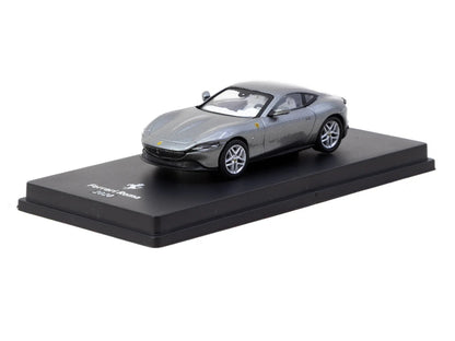 Front three-quarter view of Ferrari Roma 2020 metallic grey 1:64 diecast model car by Centauria x IXO Collections on its display base (IXC.FSD.FE.008-E)