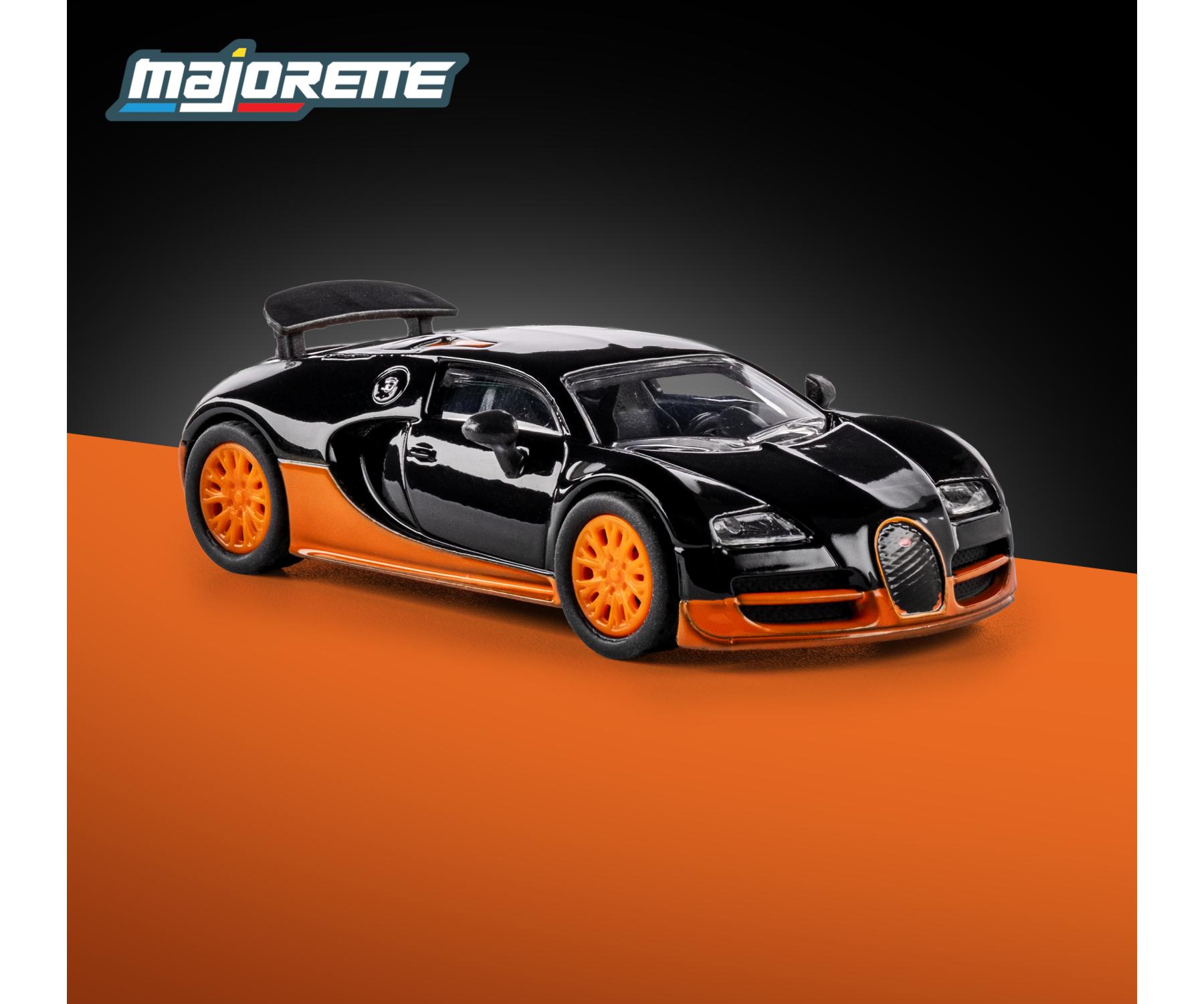 2005 Bugatti Veyron 16.4 SuperSport 1:64 Scale Model Car – Majorette Premium (Product Code: 8505001018) on an orange and black background with 'majorette' branding.