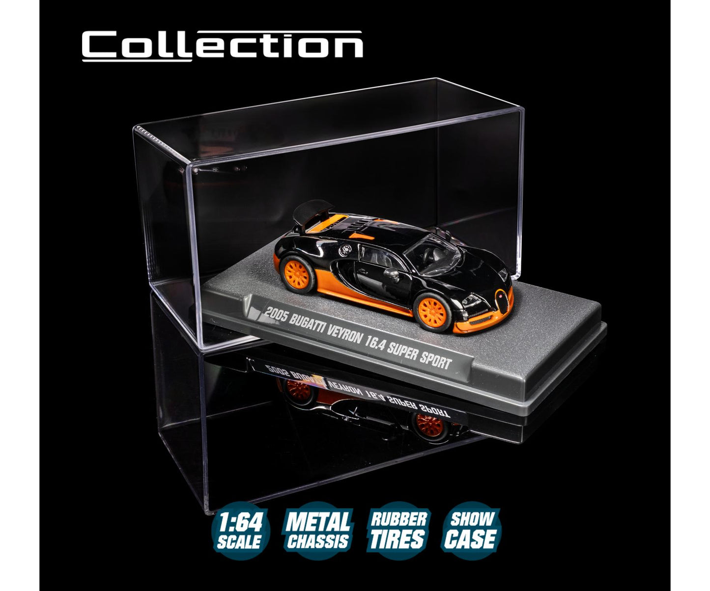 2005 Bugatti Veyron 16.4 SuperSport 1:64 Scale Model Car – Majorette Premium (Product Code: 8505001018) in a clear display case with branding and product details.
