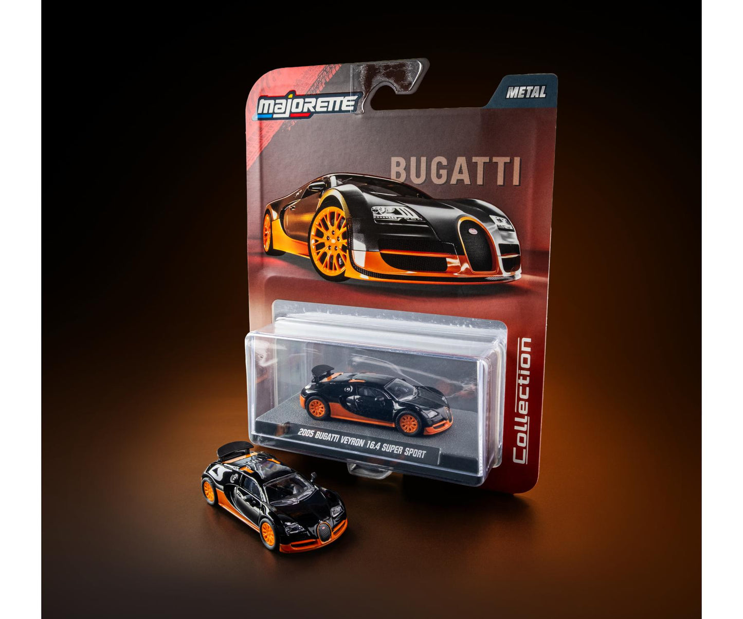 Bugatti model car in packaging with Majorette branding on a dark background