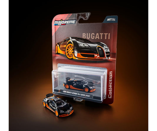 Bugatti model car in packaging with Majorette branding on a dark background