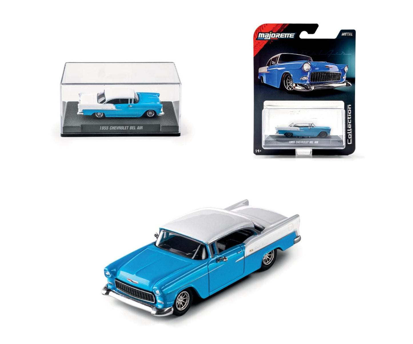 acrylic case, blister and car of 1955 Chevrolet Bel Air Blue 1:64 Scale Model Car – Majorette Premium (Product Code: 8505001001)
