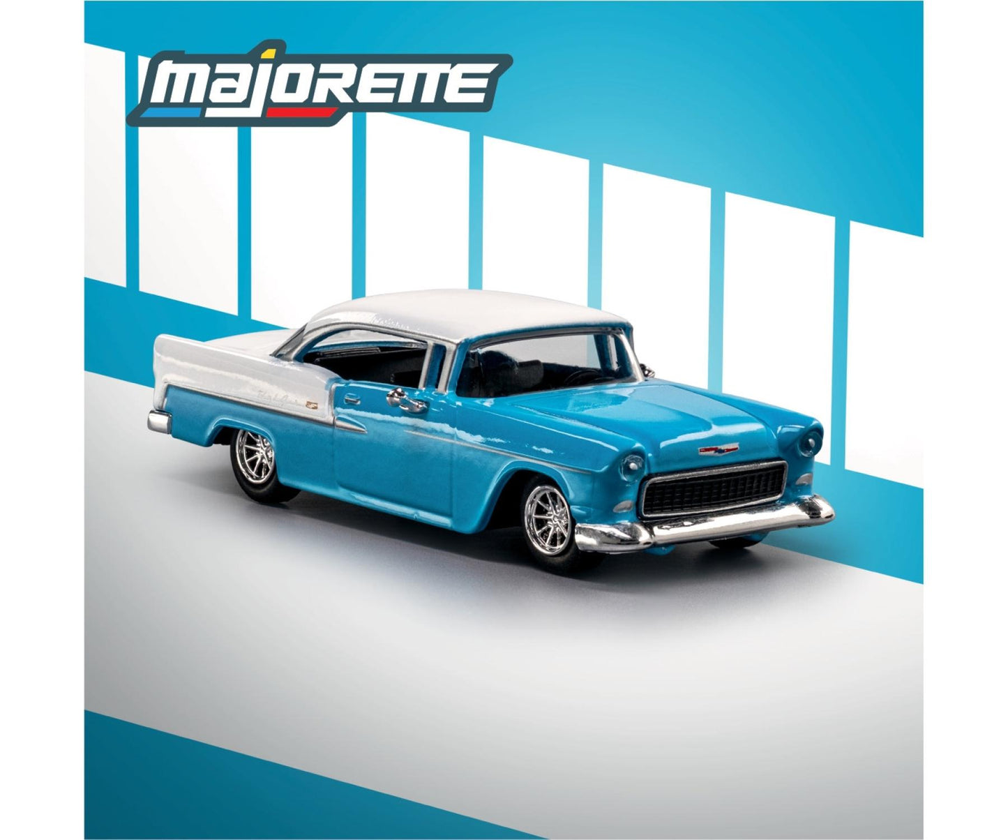 Model of a blue classic car with white top on a blue and gray background, featuring the Majorette brand.