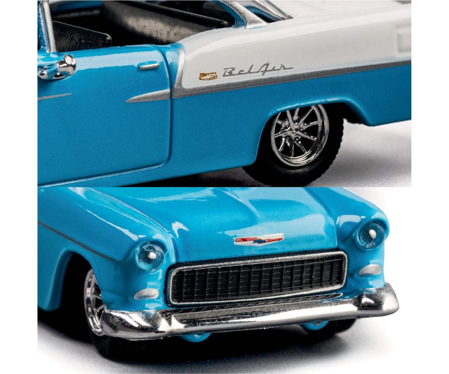 Close-up of a blue and white classic car model with 'Bel Air' branding.