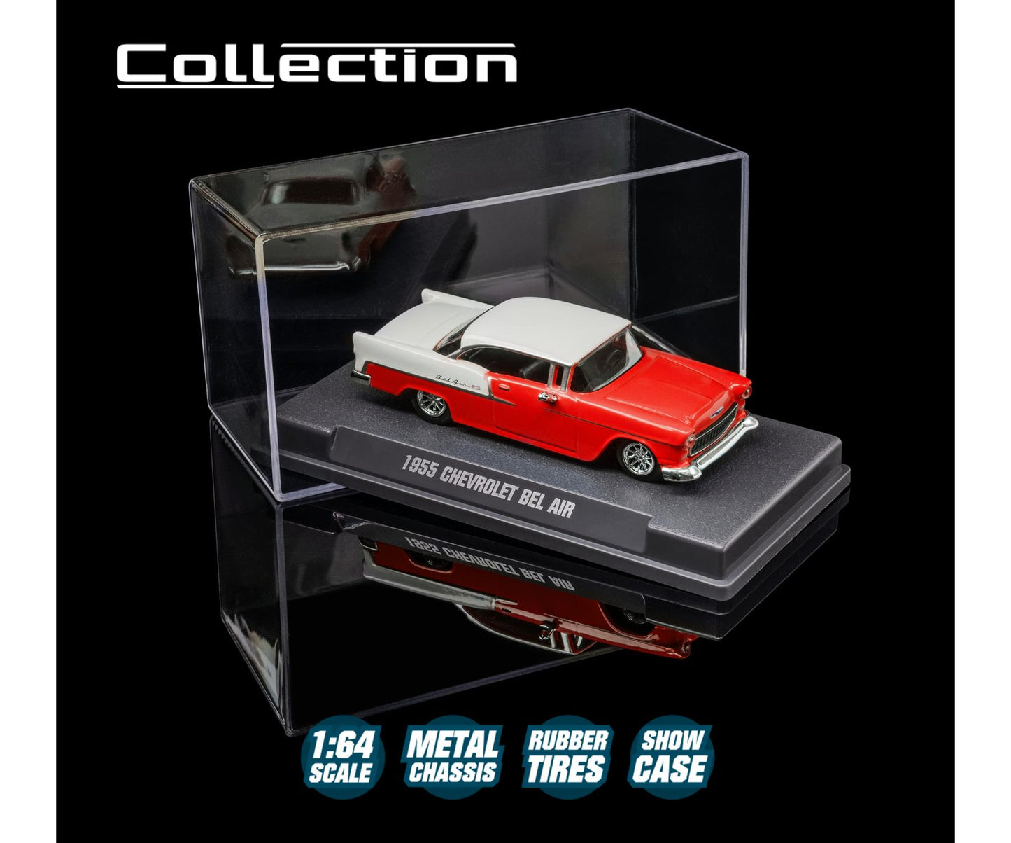 1955 Chevrolet Bel Air model car in a clear display case with product details.
