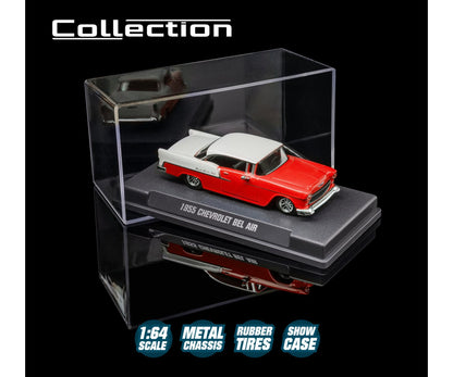 1955 Chevrolet Bel Air model car in a clear display case with product details.