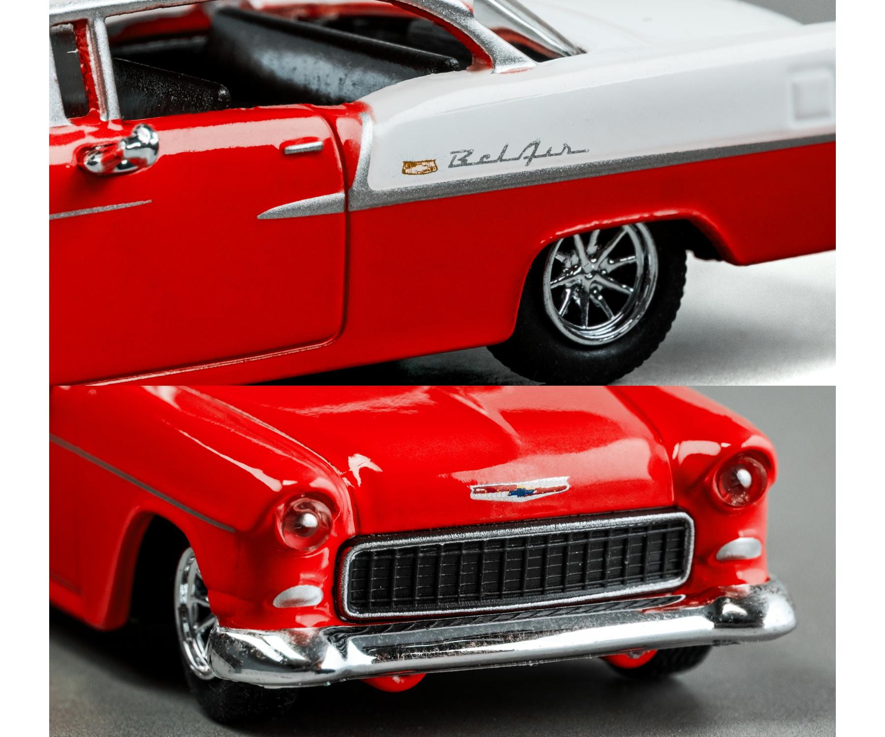 Close-up of a red and white classic car model with 'Bel Air' branding.