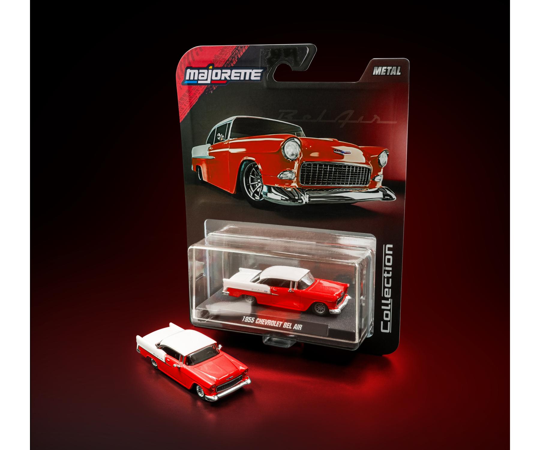 card and acrylic case of 1955 Chevrolet Bel Air Red 1:64 Scale Model Car – Majorette Premium (Product Code: 8505001013)