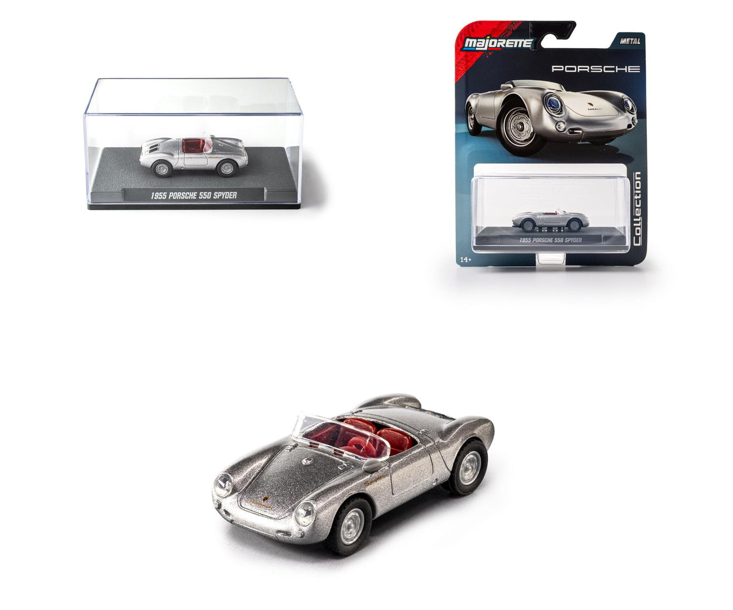 Model car of a Porsche 550 Spyder with packaging on a white background