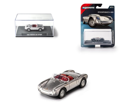 Model car of a Porsche 550 Spyder with packaging on a white background