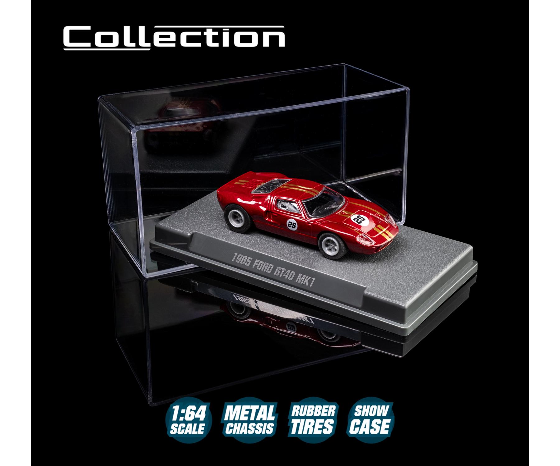 Model car in a display case with 'Collection' branding and product details.