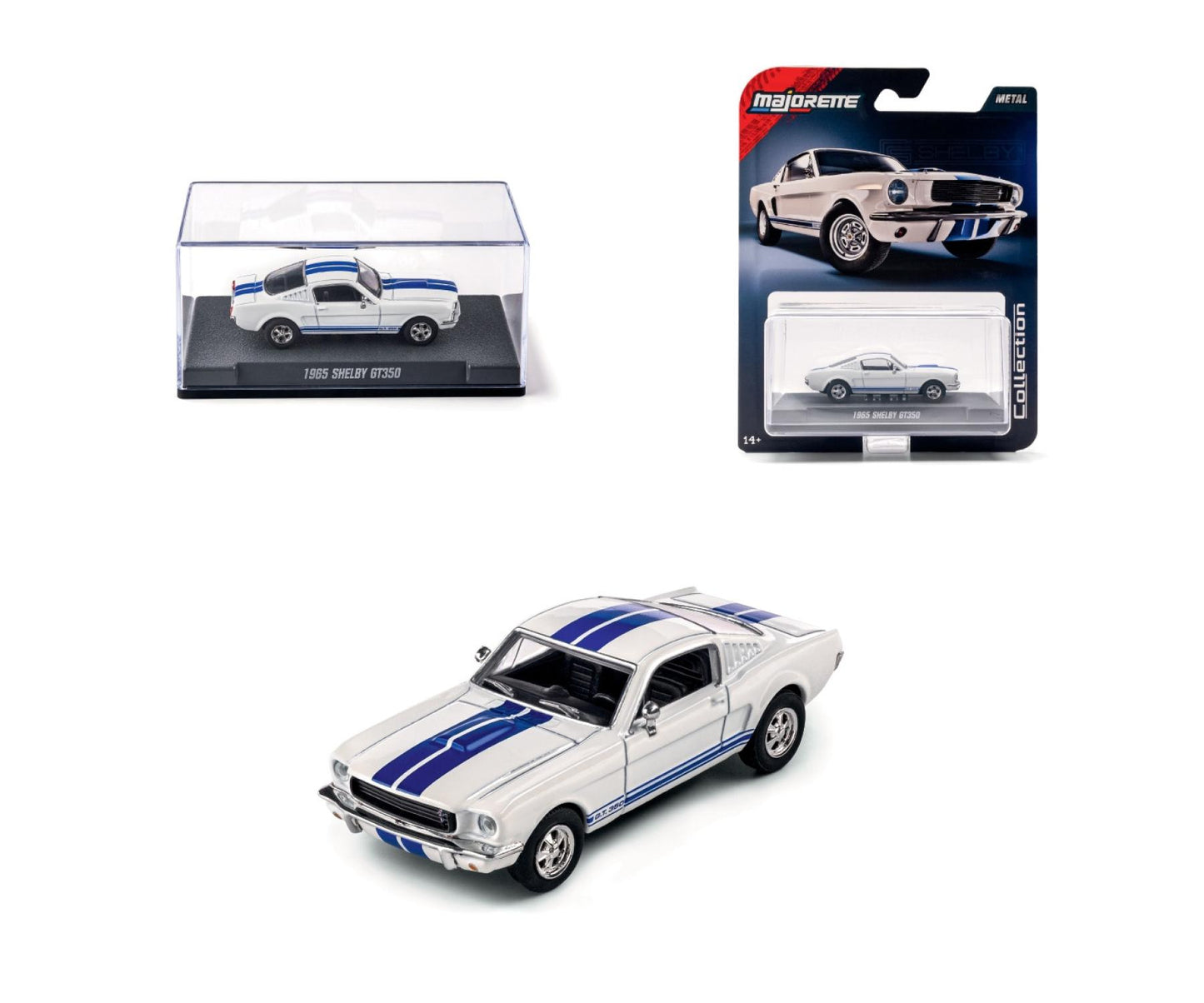 965 Shelby GT350 White 1:64 Scale Model Car – Majorette Premium (Product Code: 8505001002) blister, acrylic case and car.