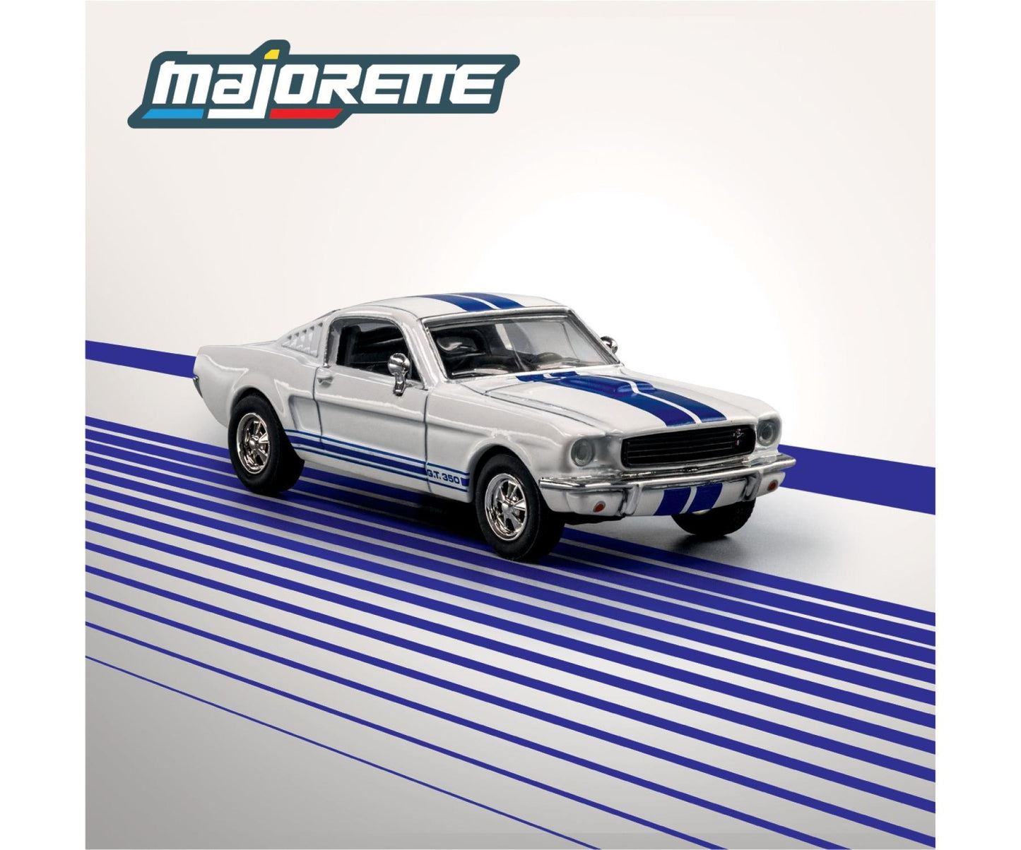 White car with blue stripes on a white background with 'majorette' branding.