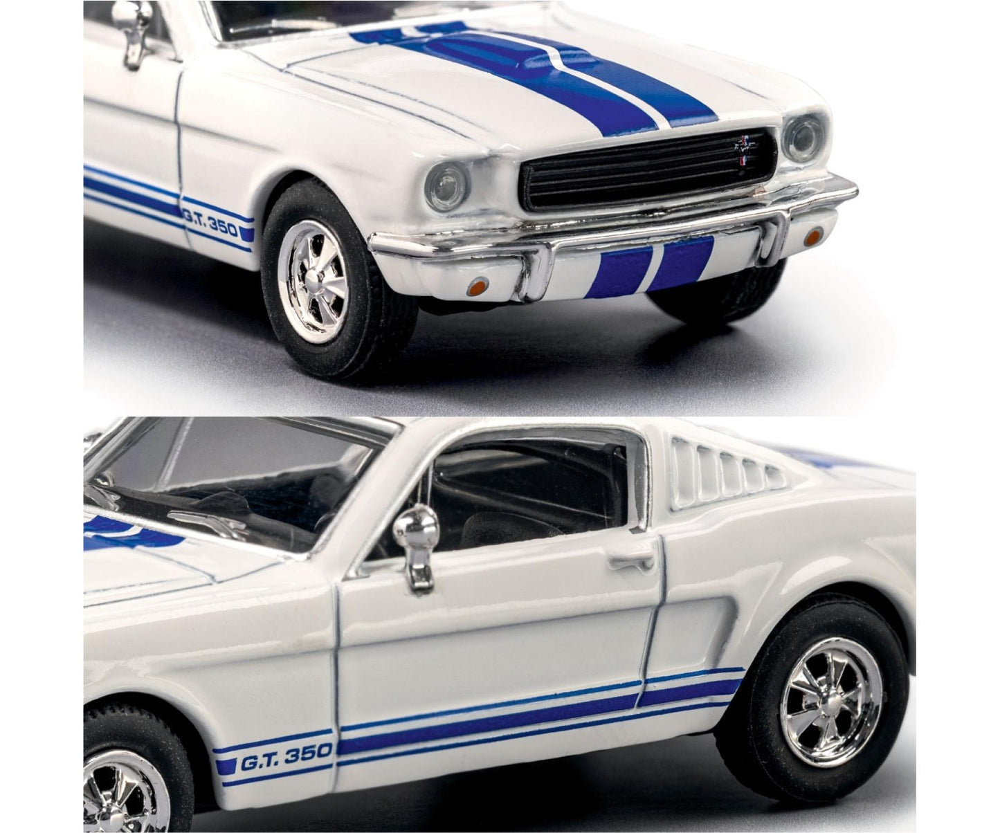 Model car of a white Ford Mustang with blue stripes on a white background