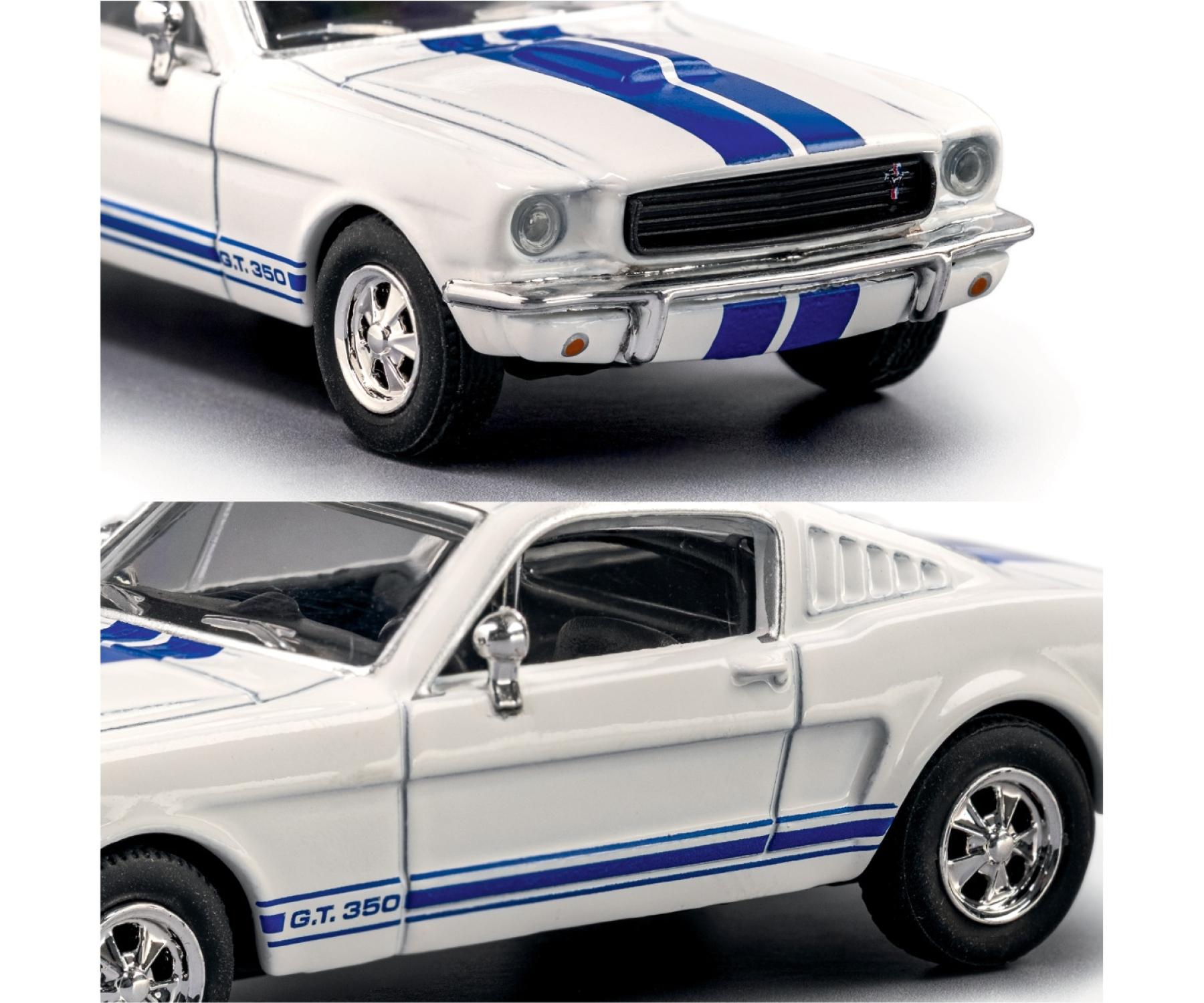 Model car of a white Ford Mustang with blue stripes on a white background