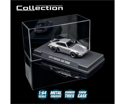 open acrylic case of 1975 Porsche 930 Turbo Silver 1:64 Scale Model Car – Majorette Premium (Product Code: 8505001004)