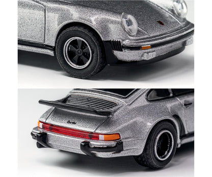 front and back perspective view of 1975 Porsche 930 Turbo Silver 1:64 Scale Model Car – Majorette Premium (Product Code: 8505001004)