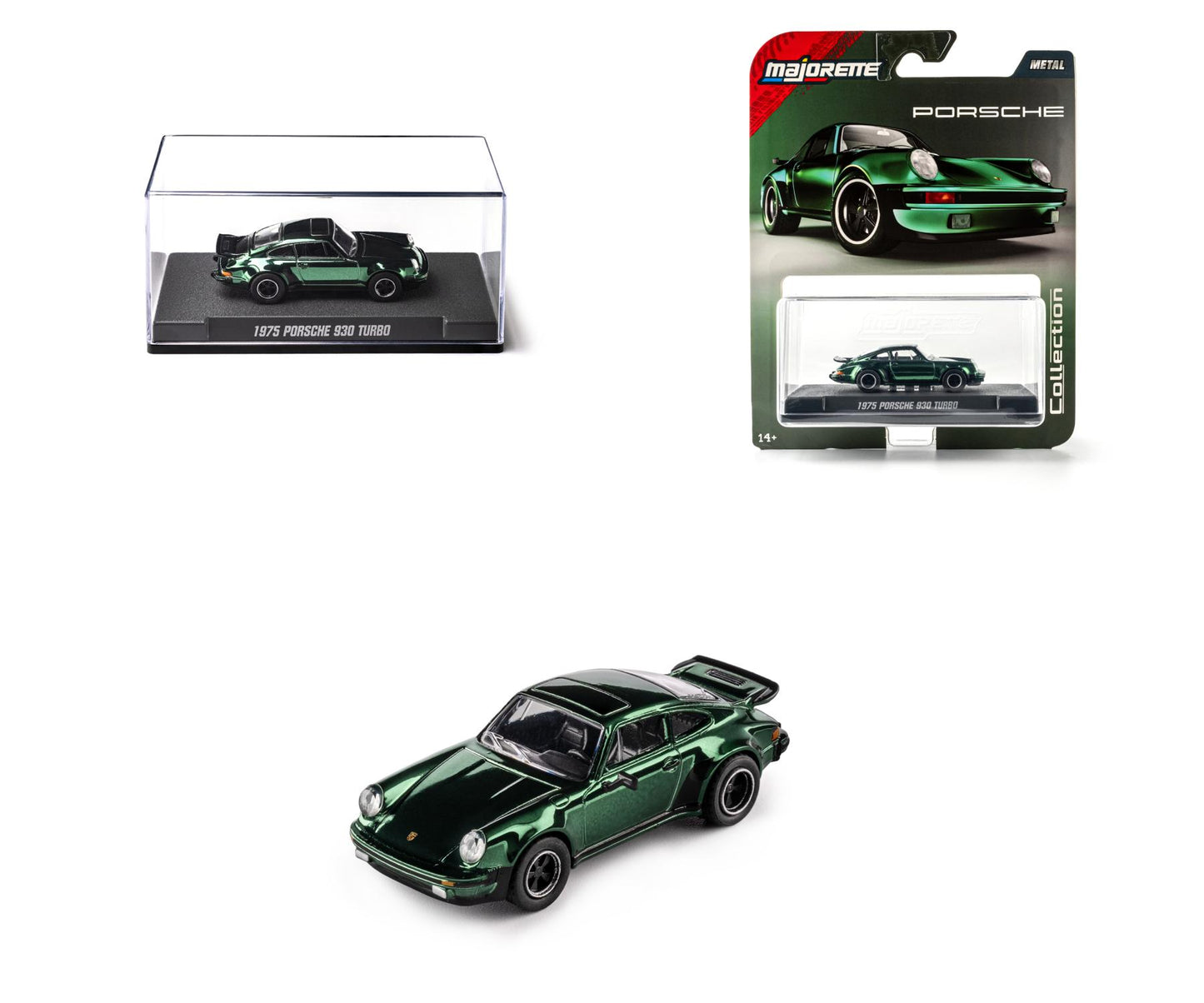 card and acrylic case  on a white background - 1975 Porsche 930 Turbo Metallic Green 1:64 Scale Model Car – Majorette Premium (Product Code: 8505001015)