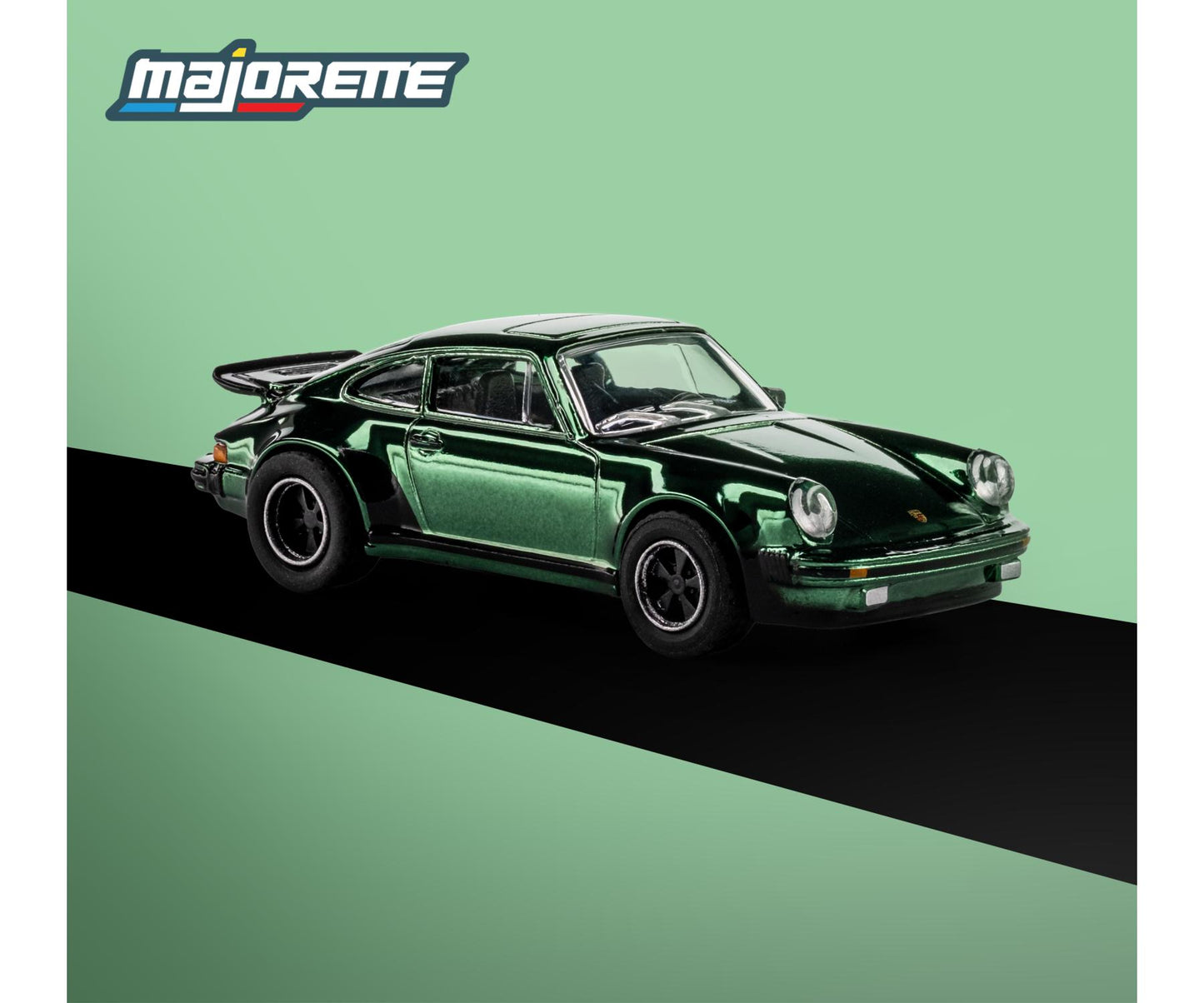 front perspective view of - 1975 Porsche 930 Turbo Metallic Green 1:64 Scale Model Car – Majorette Premium (Product Code: 8505001015)