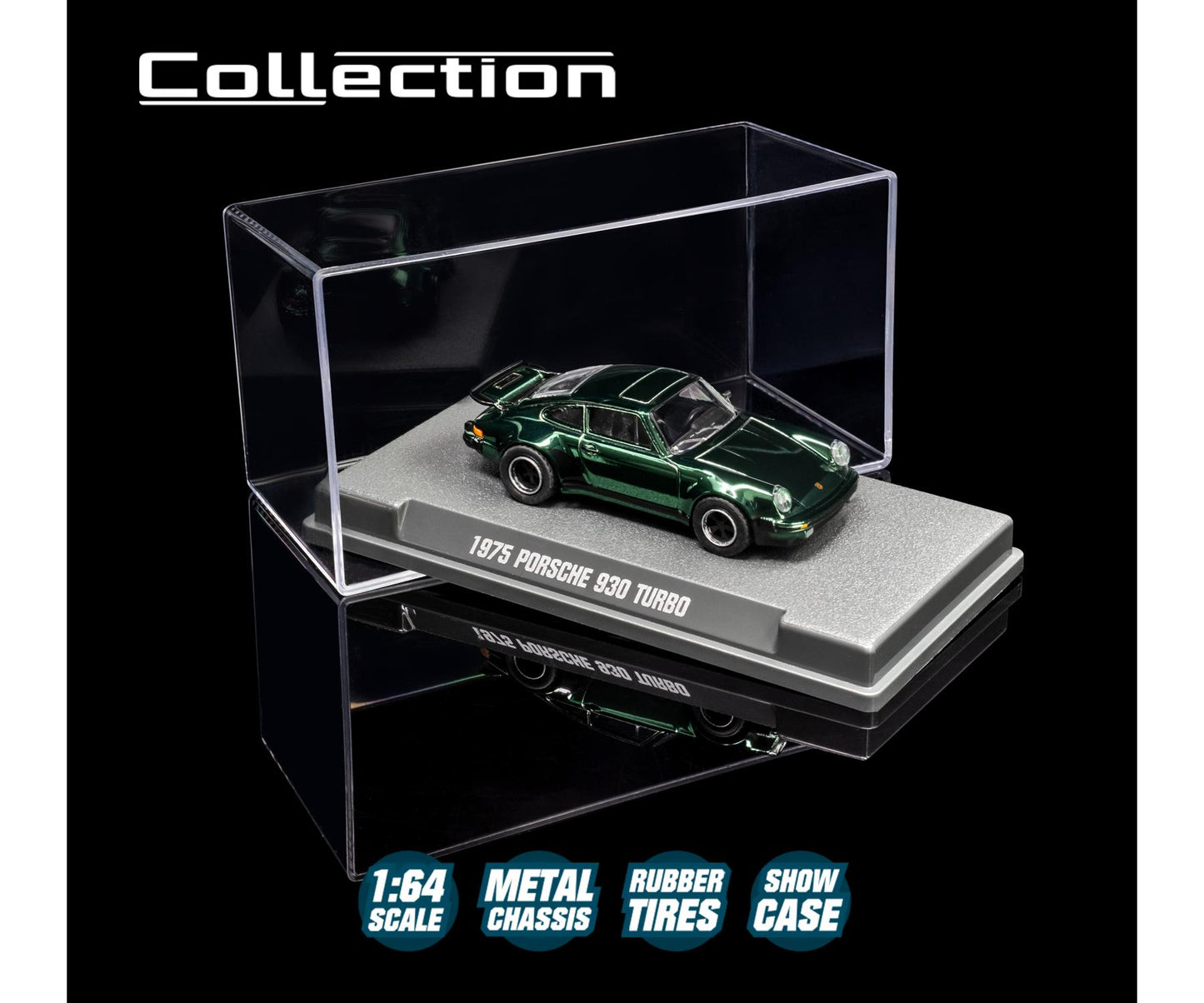 Model car of a 1975 Porsche 930 Turbo in a clear display case with branding and product details.