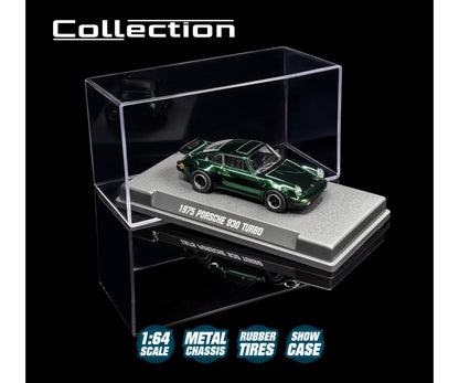 Model car of a 1975 Porsche 930 Turbo in a clear display case with branding and product details.