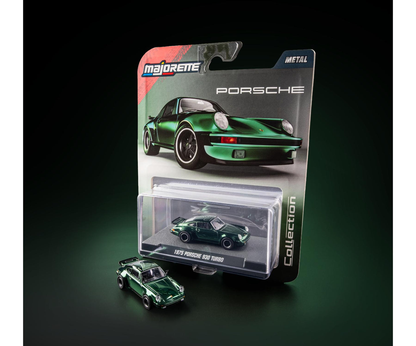 card and acrylic case - 1975 Porsche 930 Turbo Metallic Green 1:64 Scale Model Car – Majorette Premium (Product Code: 8505001015)