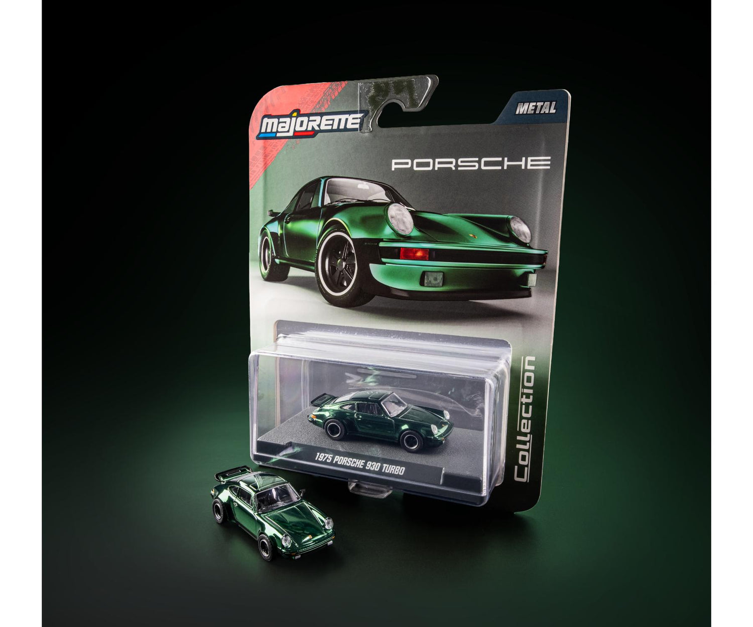 card and acrylic case - 1975 Porsche 930 Turbo Metallic Green 1:64 Scale Model Car – Majorette Premium (Product Code: 8505001015)
