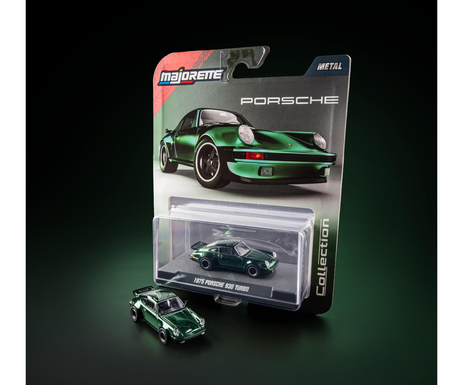 card and acrylic case - 1975 Porsche 930 Turbo Metallic Green 1:64 Scale Model Car – Majorette Premium (Product Code: 8505001015)