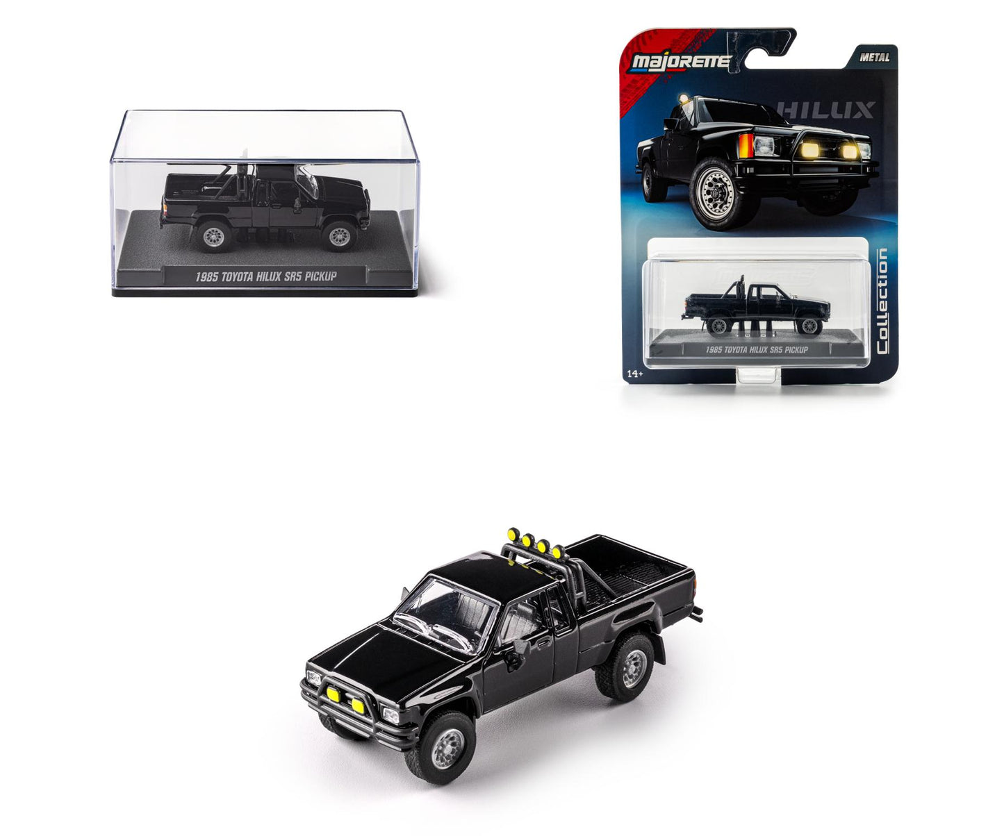 card art with acrylic case on white background -  1985 Toyota Hilux SR5 Pickup Black 1:64 Scale Model Car – Majorette Premium (Product Code: 8505001016)