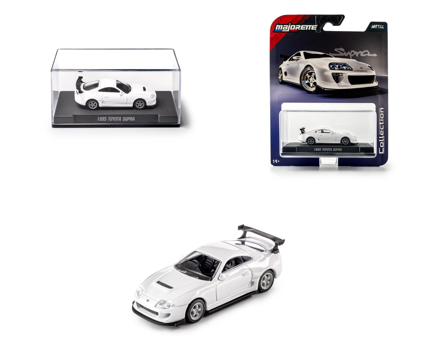 1995 Toyota Supra White 1:64 Scale Model Car – Majorette Premium (Product Code: 8505001017) with packaging on a white background