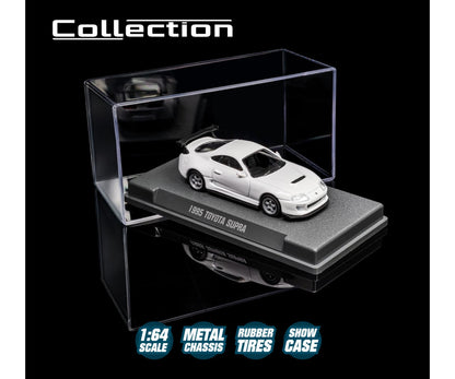 Model car of a 1985 Toyota Supra in a clear display case with product details.