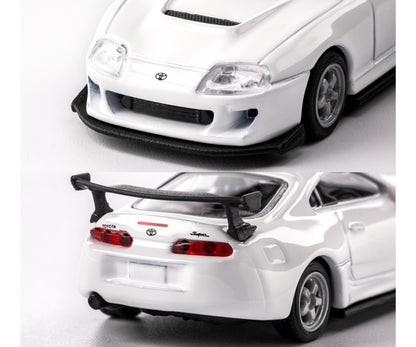 1995 Toyota Supra White 1:64 Scale Model Car – Majorette Premium (Product Code: 8505001017) with a black rear wing on a white background