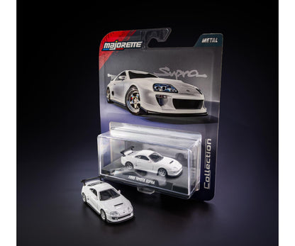 1995 Toyota Supra White 1:64 Scale Model Car – Majorette Premium (Product Code: 8505001017) in packaging with 'Majorette' branding on a dark background