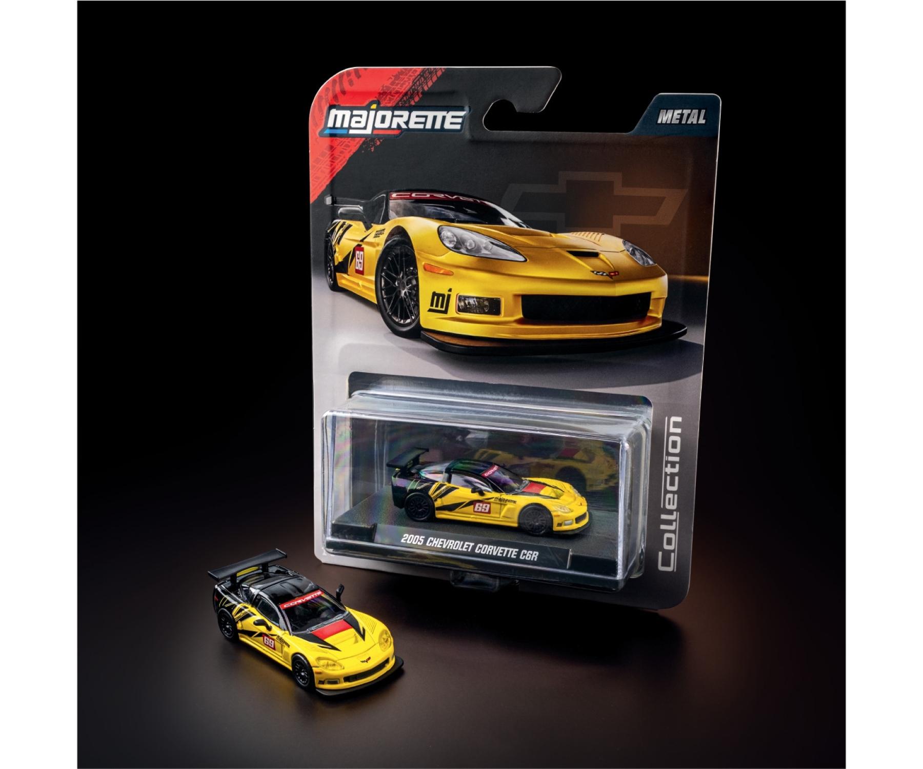 blister and car of 2005 Chevrolet Corvette C6 R Yellow 1:64 Scale Model Car – Majorette Premium (Product Code: 8505001006)