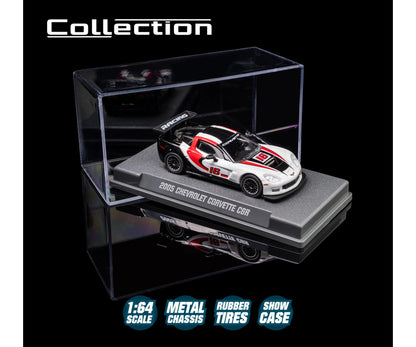 Model car in a display case with branding and product details.