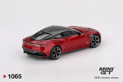 Back perspective view of Aston Martin DBS Hyper Red 1:64 scale model car - Mini GT