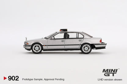 side view of BMW 750IL "Tomorrow Never Dies" 1:64 scale model car - Mini GT