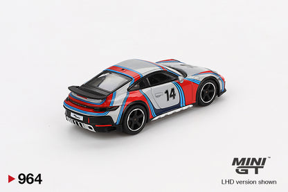 Back perspecive view of Porsche 911 Dakar Ice Grey Metallic "Rally 1978" 1:64 scale model car - Mini GT