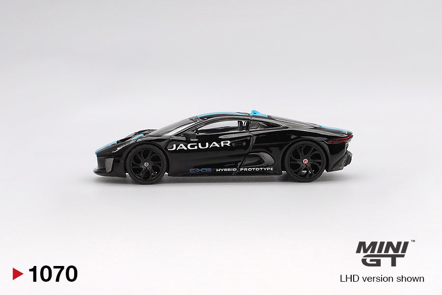 Side view of Jaguar C-X75 Black 1:64 scale model car - Mini GT