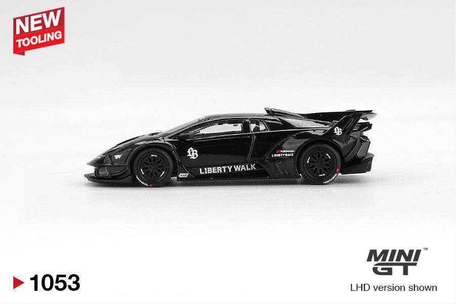 side view of Lamborghini LB-Silhouette WORKS MURCIELAGO GT Evo Black 1:64 scale model car - Mini GT
