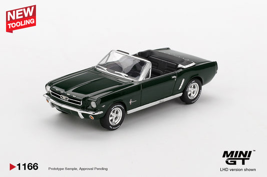 front perspective view of Ford Mustang Convertible 1964 Highland Green 1:64 Scale Model Car – Mini GT (Product Code: MGT01166)