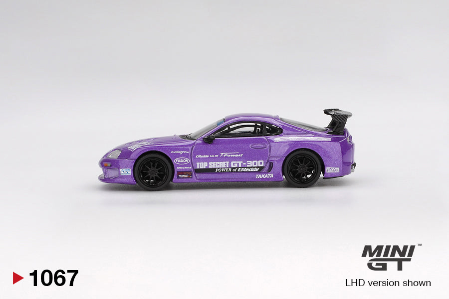side view of Toyota Supra (A80) Top Secret GT-300 Top Secret Purple 1:64 scale model car - Mini GT