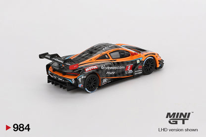 Back perspective view of McLaren 720S GT3 Evo Pfaff Motorsports 2024 IMSA Daytona 24 Hrs 1:64 scale model car - Mini GT
