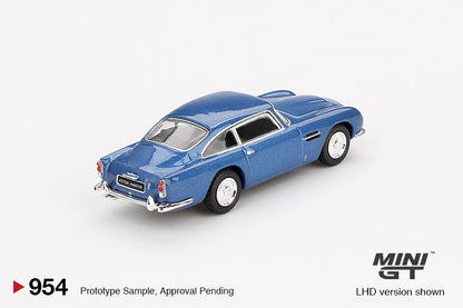 Back perspective view of Aston Martin DB5 Sierra Blue 1:64 scale model car - Mini GT