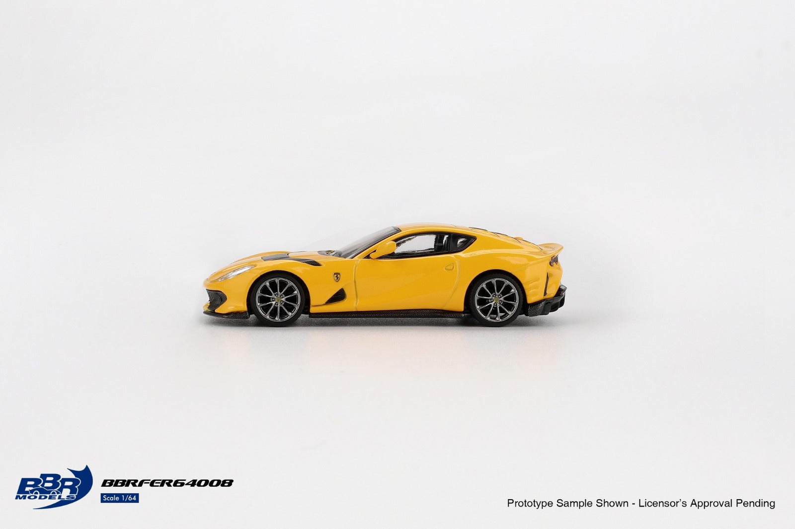 side view of Ferrari 812 Competizone Giallo Modena 1:64 scale model car - BBR Models