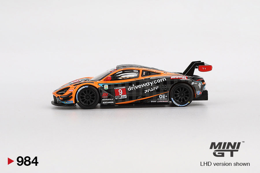 side view of McLaren 720S GT3 Evo Pfaff Motorsports 2024 IMSA Daytona 24 Hrs 1:64 scale model car - Mini GT